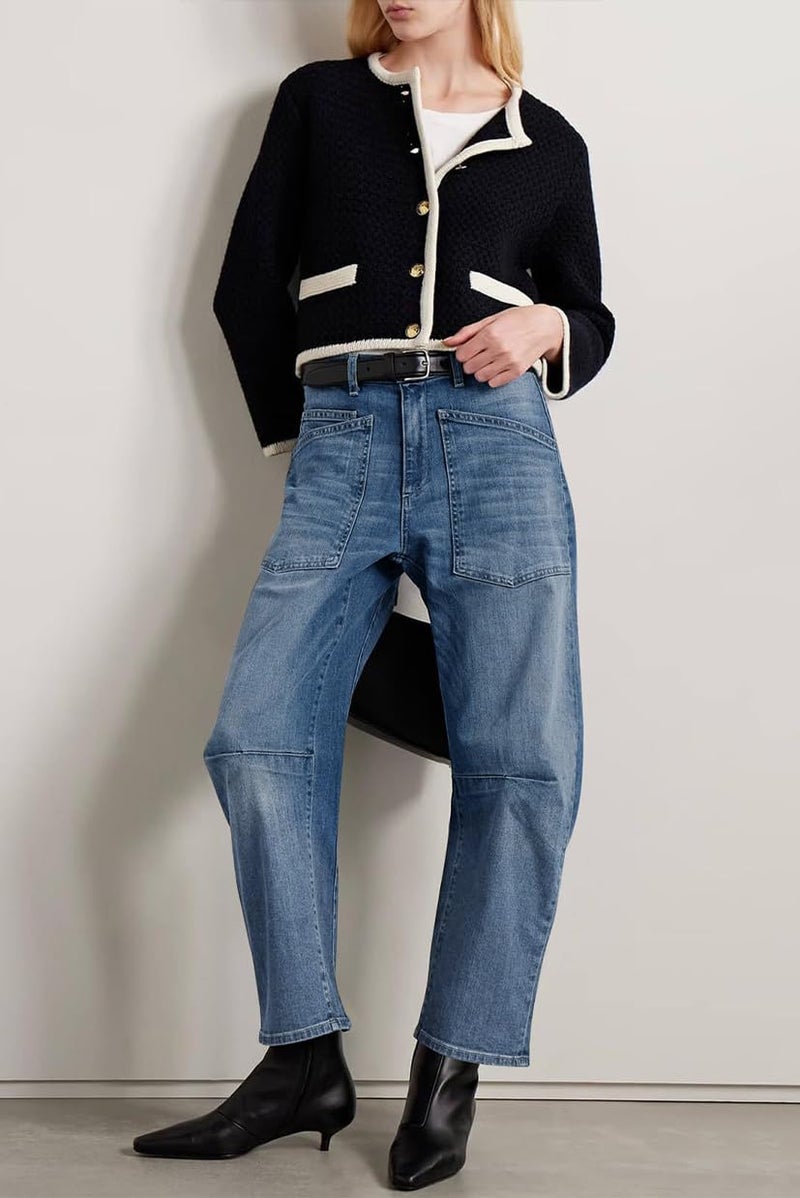 yoeasy Womens Baggy Barrel Jeans Mid Rise Wide Leg Vintage Denim Ankle Pants Boyfriend Jeans with Pockets (Small, Medium Blue) - Image 1