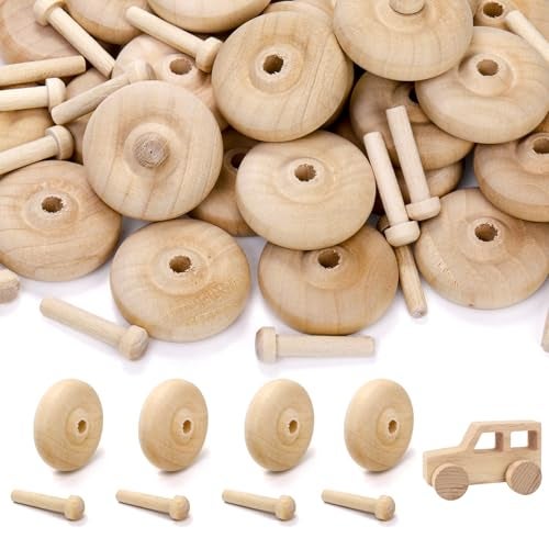 SOUJOY 72 Pack Wooden Toys Car Wheels and Sticks for Craft 15 x 12 Toy Vehicle Wheel Mini Axle and Wheel Set for DIY Toy Cars Models Painting Colors Wood Working Pegboards - Image 1