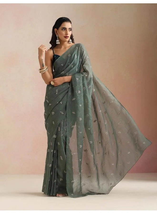 trueBrowns Turquoise All Over Embroidered Saree  With Unstitched Blouse
