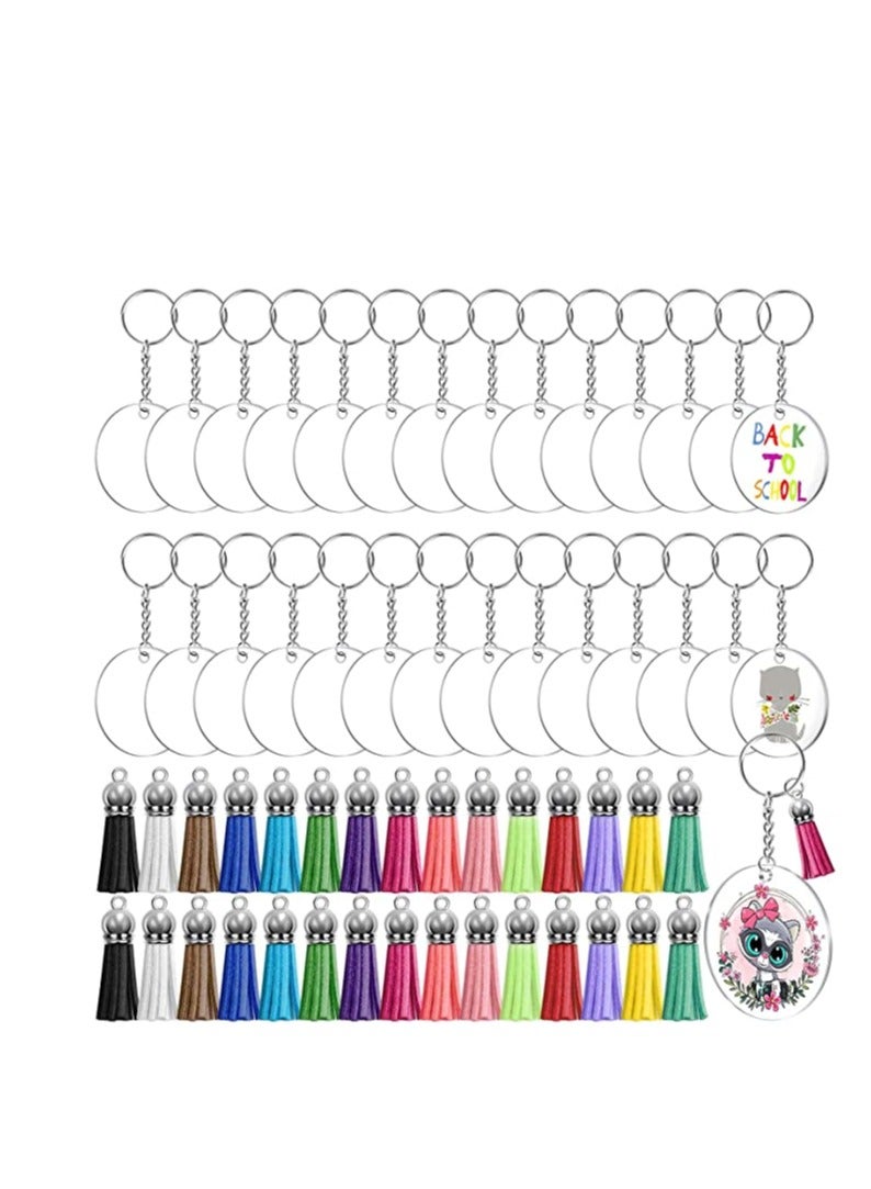 SYOSI Tassel Keychain and Acrylic Circle, Acrylic Blanks and Tassel Keychain Pendant Acrylic Transparent Circle Discs and Tassel Keyring Set for Diy Projects and Crafts 90pcs - Image 1
