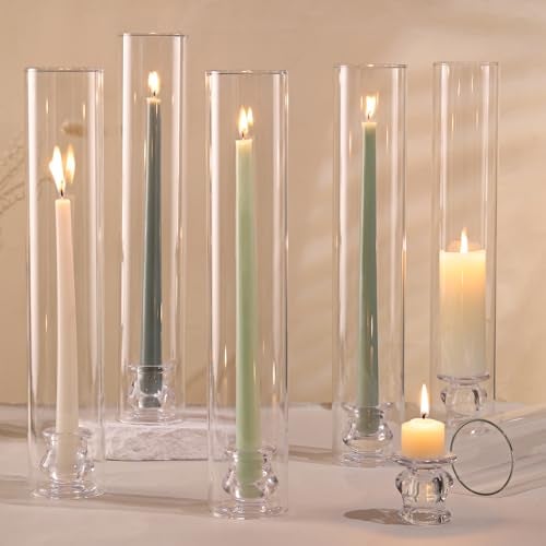 Volens Hurricane Glass Candle Holders - Set of 6 Candlestick Holders for Taper Candles with Windproof Cylinder Covers 14" Tall Clear Glass Chimney Cover for Wedding Table Centerpiece Home Decor - Image 1