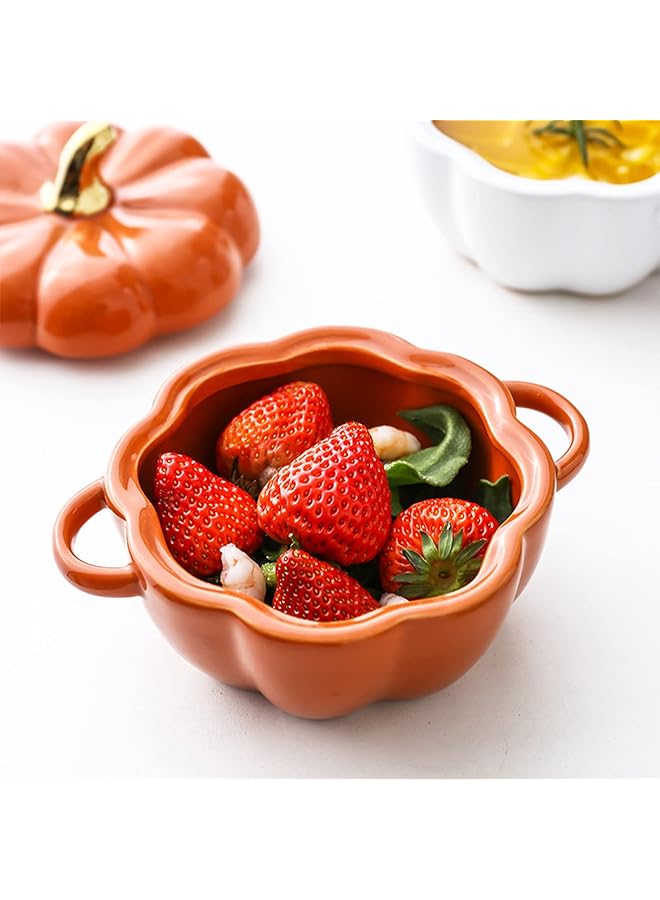 NALACAL فرن هولندي خزفي على شكل قرع مع غطاء - طبق خبز صغير ووعاء خزفي للحلويات - قدر مغطى لطيف للتقديم الفردي والصلصات وديكور طاولة العطلات (برتقالي) - Image 3