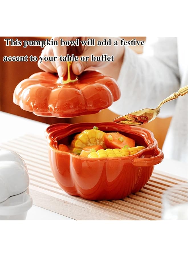 NALACAL فرن هولندي خزفي على شكل قرع مع غطاء - طبق خبز صغير ووعاء خزفي للحلويات - قدر مغطى لطيف للتقديم الفردي والصلصات وديكور طاولة العطلات (برتقالي) - Image 2