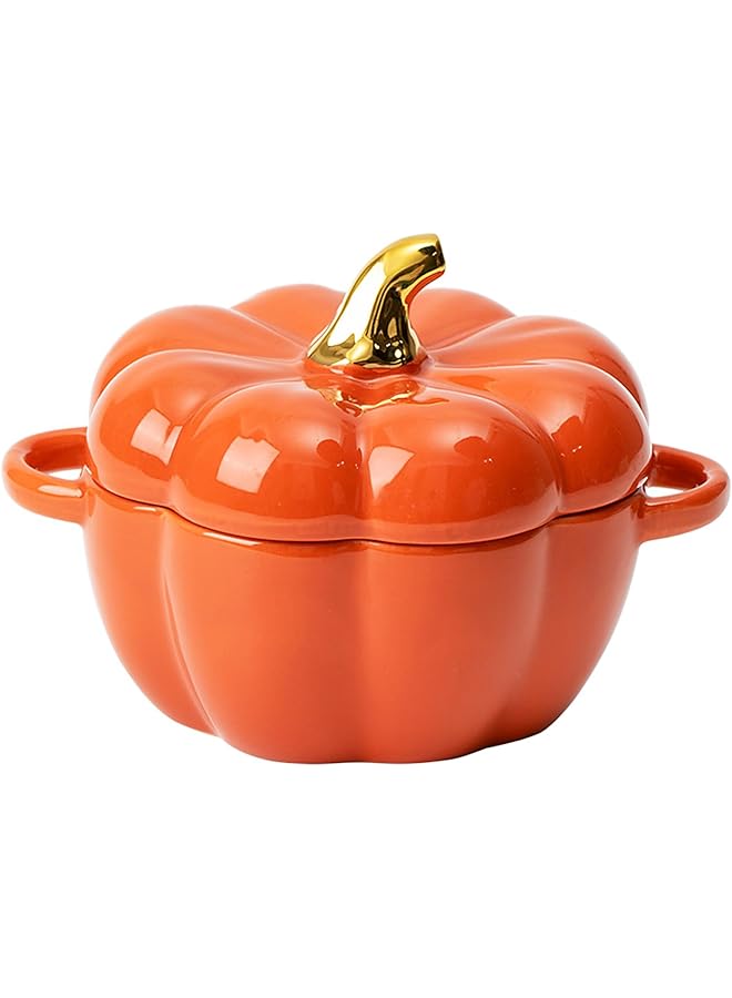 NALACAL فرن هولندي خزفي على شكل قرع مع غطاء - طبق خبز صغير ووعاء خزفي للحلويات - قدر مغطى لطيف للتقديم الفردي والصلصات وديكور طاولة العطلات (برتقالي) - Image 1