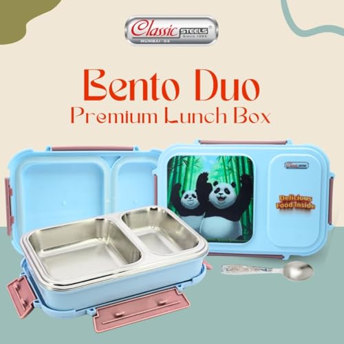 Classic Steels Bento Duo Lunch Box for Kids (750ml) | 2 Compartments Stainless Steel Insulated Tiffin Box with Spoon | Leak-Proof Silicone Seal | School Lunch Box | WE are The Future Design, Blue - Image 2