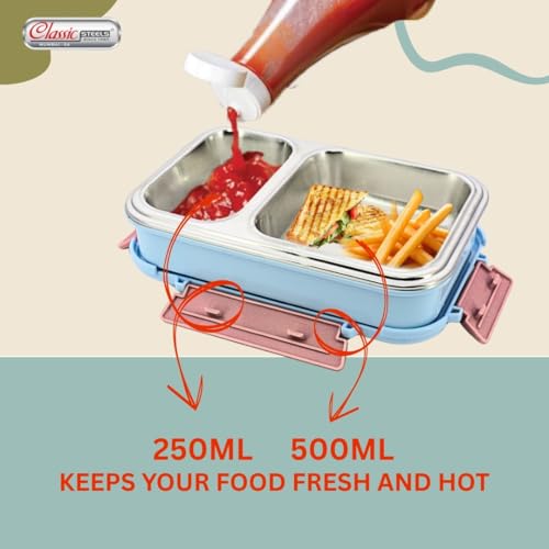 Classic Steels Bento Duo Lunch Box for Kids (750ml) | 2 Compartments Stainless Steel Insulated Tiffin Box with Spoon | Leak-Proof Silicone Seal | School Lunch Box | WE are The Future Design, Blue - Image 4