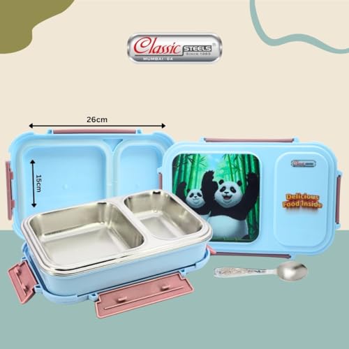 Classic Steels Bento Duo Lunch Box for Kids (750ml) | 2 Compartments Stainless Steel Insulated Tiffin Box with Spoon | Leak-Proof Silicone Seal | School Lunch Box | WE are The Future Design, Blue - Image 5