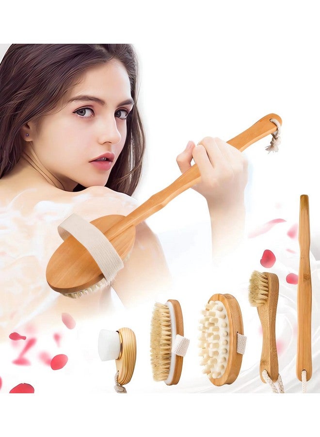Zeutch Premium Dry Brushing Body Brush Set for Lymphatic Drainage and Cellulite Treatment, Boar Bristle Long Handle Face Cleansing Brush for A Glowing Skin, 5 Pack - Image 1