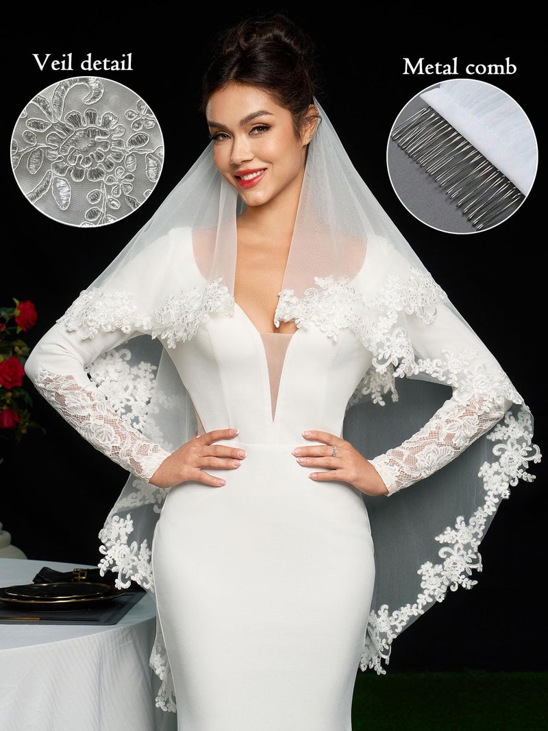 ELAWBTY 2 Tier Fingertip Length Lace Wedding Bridal Veil with Comb for Bride Off-White - Image 4