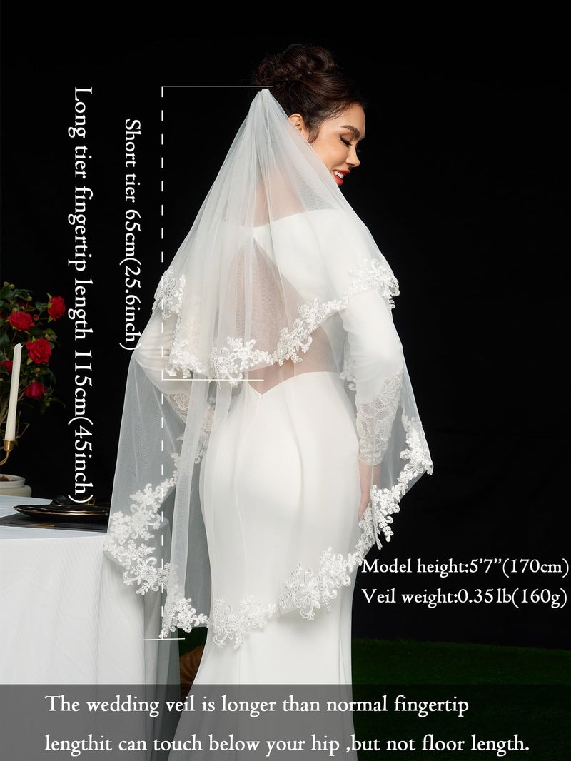 ELAWBTY 2 Tier Fingertip Length Lace Wedding Bridal Veil with Comb for Bride Off-White - Image 5