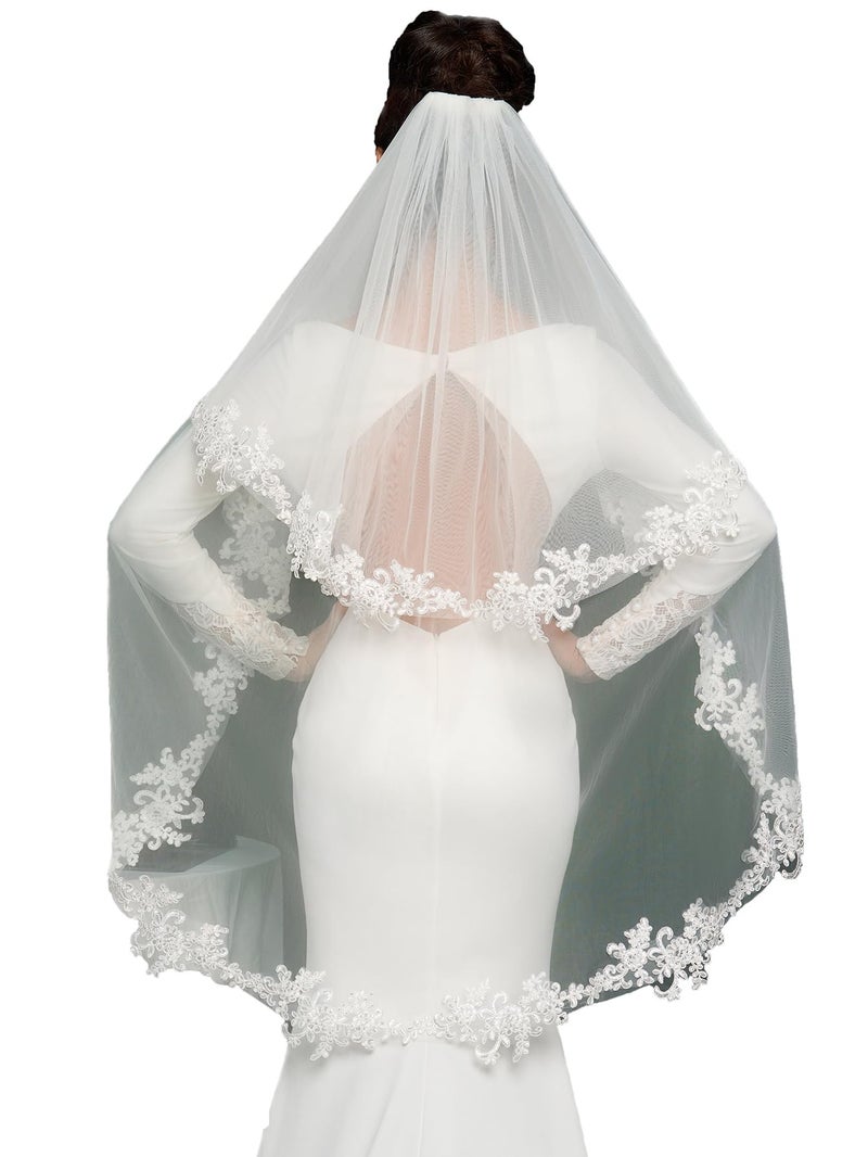 ELAWBTY 2 Tier Fingertip Length Lace Wedding Bridal Veil with Comb for Bride Off-White - Image 1