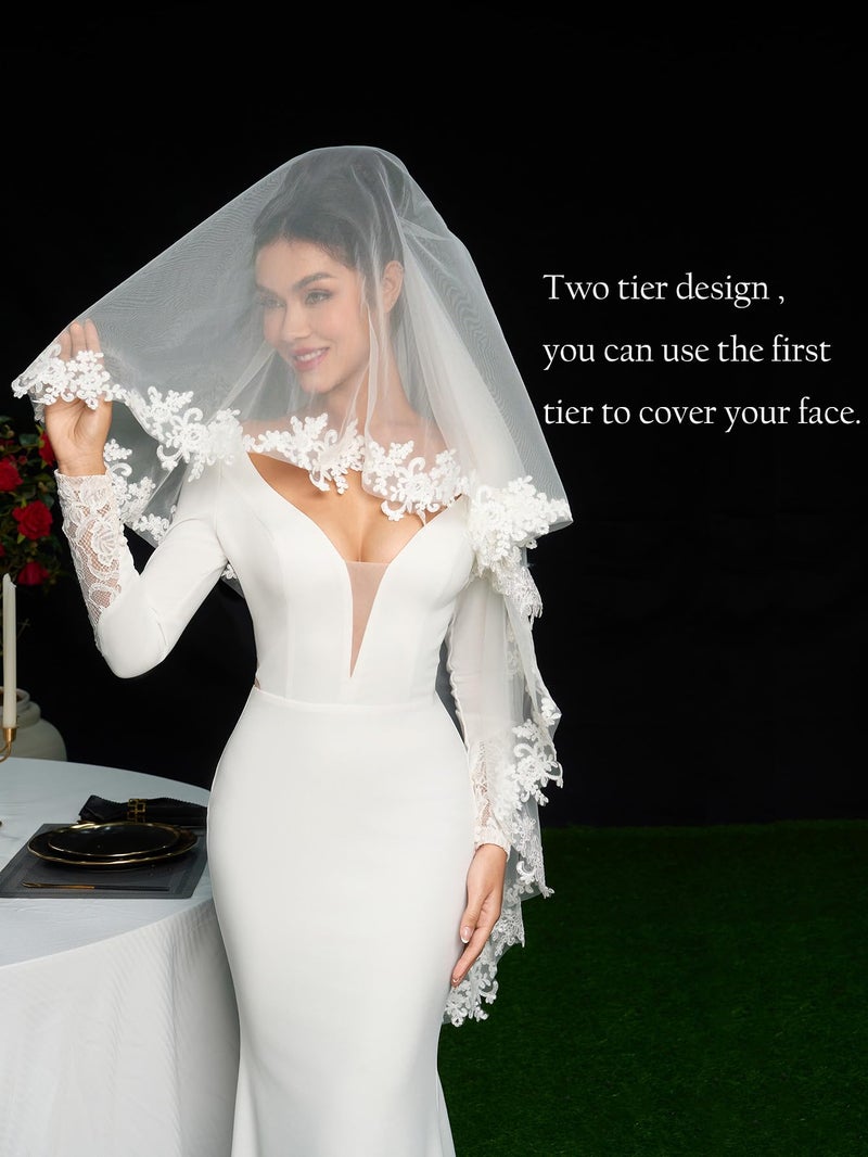 ELAWBTY 2 Tier Fingertip Length Lace Wedding Bridal Veil with Comb for Bride Off-White - Image 3