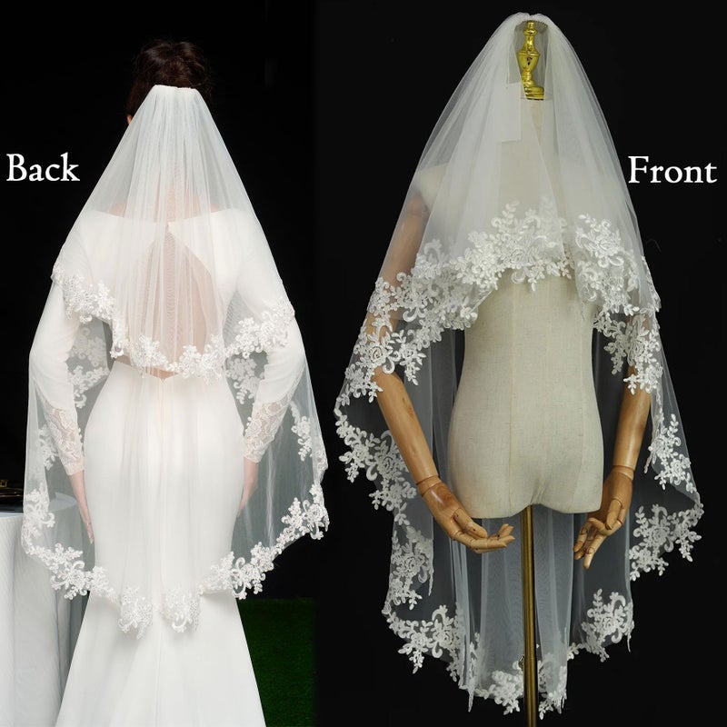 ELAWBTY 2 Tier Fingertip Length Lace Wedding Bridal Veil with Comb for Bride Off-White - Image 2
