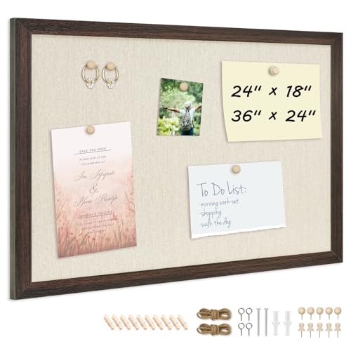 DOLLAR BOSS Bulletin Board with Linen 24'' x 18'' Wood Framed Cork Boards for Walls, Photo Display Pin Board, Decorative Corkboard for Office Home School Dorm Decor with 10 Pushpins, Dark Walnut - Image 1