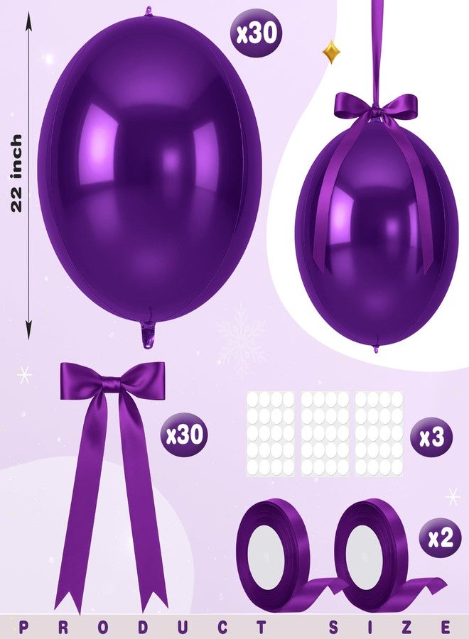 Jenaai 30 Set Round Foil Balloons Bulk 22 Inch 4d Metallic Giant Balloons Set with Satin Bows Ribbon for Ceiling Holiday Ornaments New Year Birthday Wedding Party Decoration(Purple) - Image 2