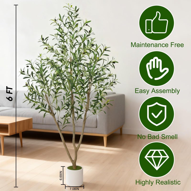 Timoo Faux Olive Tree 6FT Tall Olive Trees Artificial Indoor with White Planter, Artificial Plants Indoor Faux Tree with Realistic Leaves and Lifelike Fruits, Fake Plant for Home Office Decor - Image 2