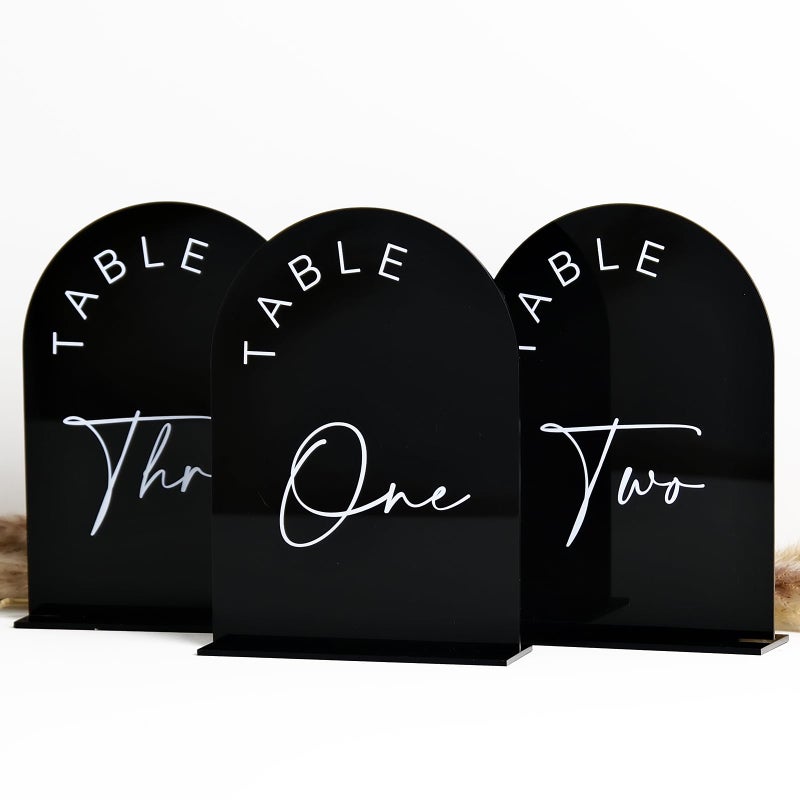 JINMURY Black Arched Wedding Table Numbers with Stands 1-10, 5x7 Inch Black Acrylic Arch Sign with Holder, Table Number 1-10, 5"x7") - Image 1