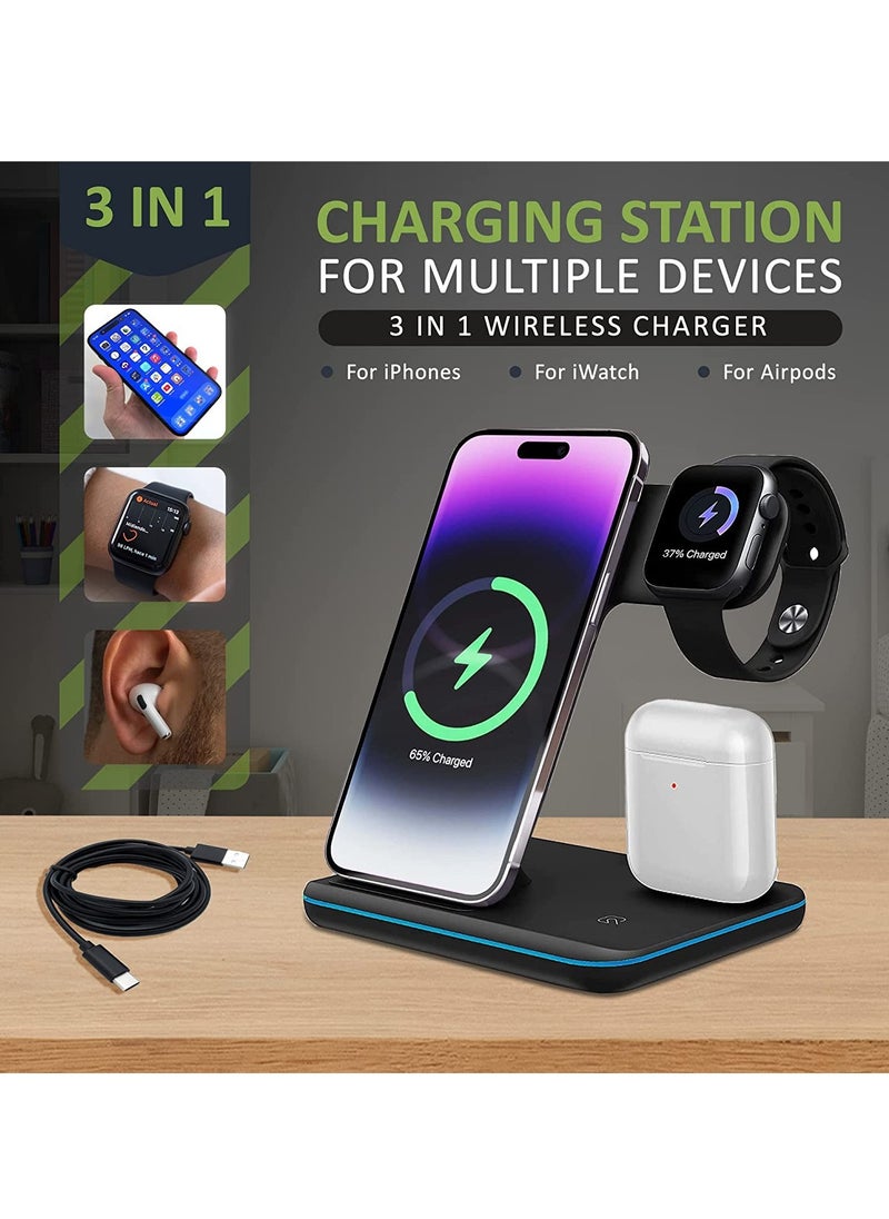 ELTRAZONE - Wireless Charger – 3 in 1 Charging Station with USB Data Cable – Charging Station for iPhone 14/13/12/11 Pro/XS, Air Pods 3/2/1/pro, iWatch Series, Samsung and Qi-Certified Phones - Image 1