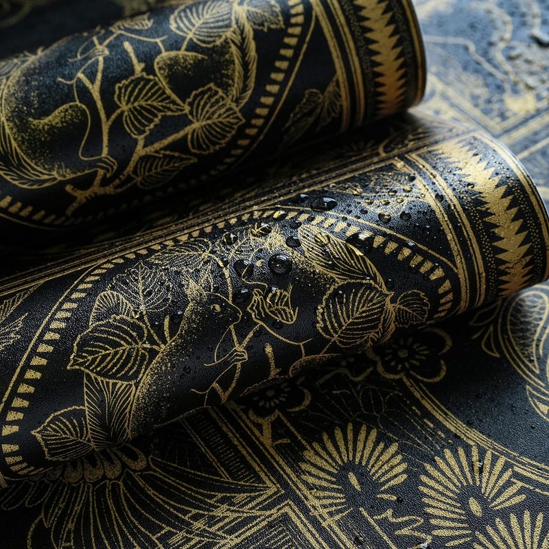 Erfoni Black and Gold Wallpaper Vintage Peel and Stick Wallpaper Special Animals Pattern Contact Paper Stick and Peel Self Adhesive Removable Wall Paper for Countertop Cabinets Covering 78.7"x17.7" - Image 2