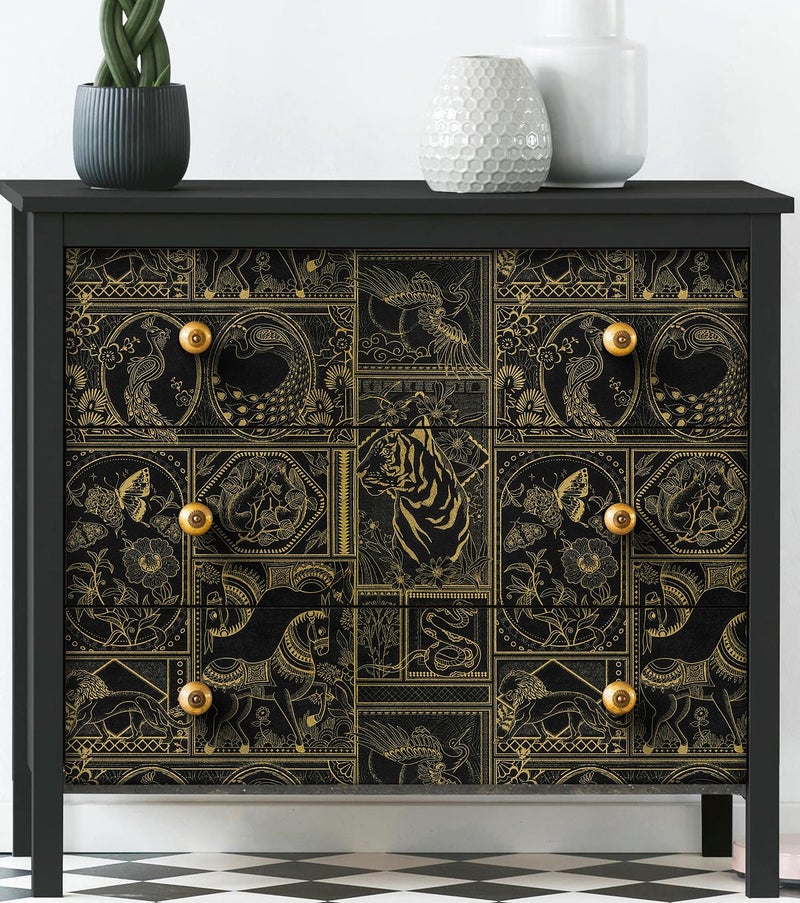 Erfoni Black and Gold Wallpaper Vintage Peel and Stick Wallpaper Special Animals Pattern Contact Paper Stick and Peel Self Adhesive Removable Wall Paper for Countertop Cabinets Covering 78.7"x17.7" - Image 3