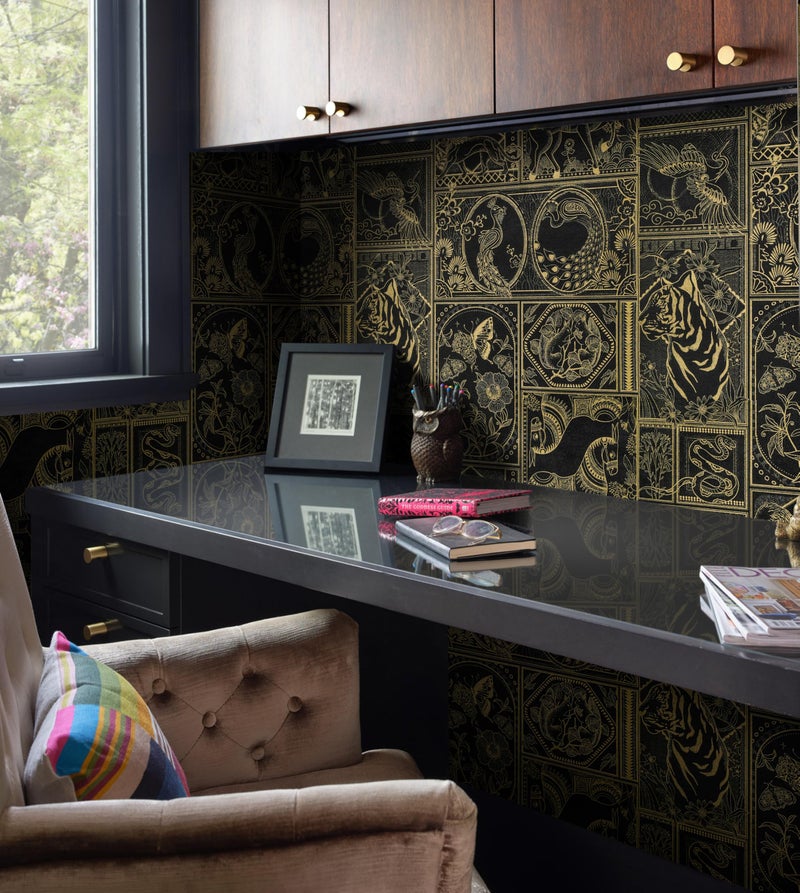 Erfoni Black and Gold Wallpaper Vintage Peel and Stick Wallpaper Special Animals Pattern Contact Paper Stick and Peel Self Adhesive Removable Wall Paper for Countertop Cabinets Covering 78.7"x17.7" - Image 4