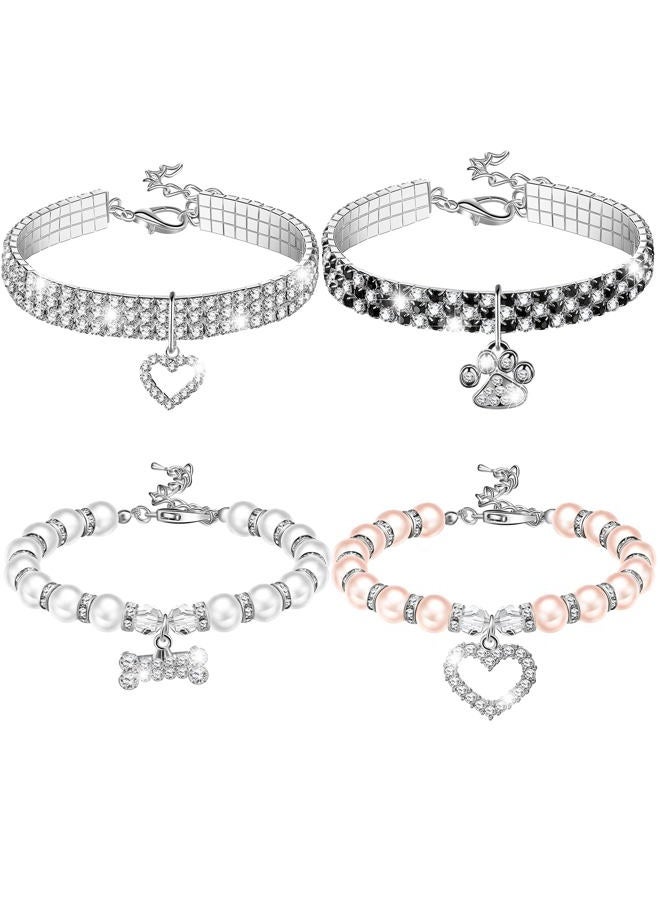 Sanwuta 4 Pcs Pearl Dog Collar Necklaces Small Dogs Cats Rhinestones Collar Necklace Set, Crystal Pet Puppy Dog Necklace Adjustable Dog Jewelry for Pet Small Girls Cats (Small, Paw Style) - Image 1