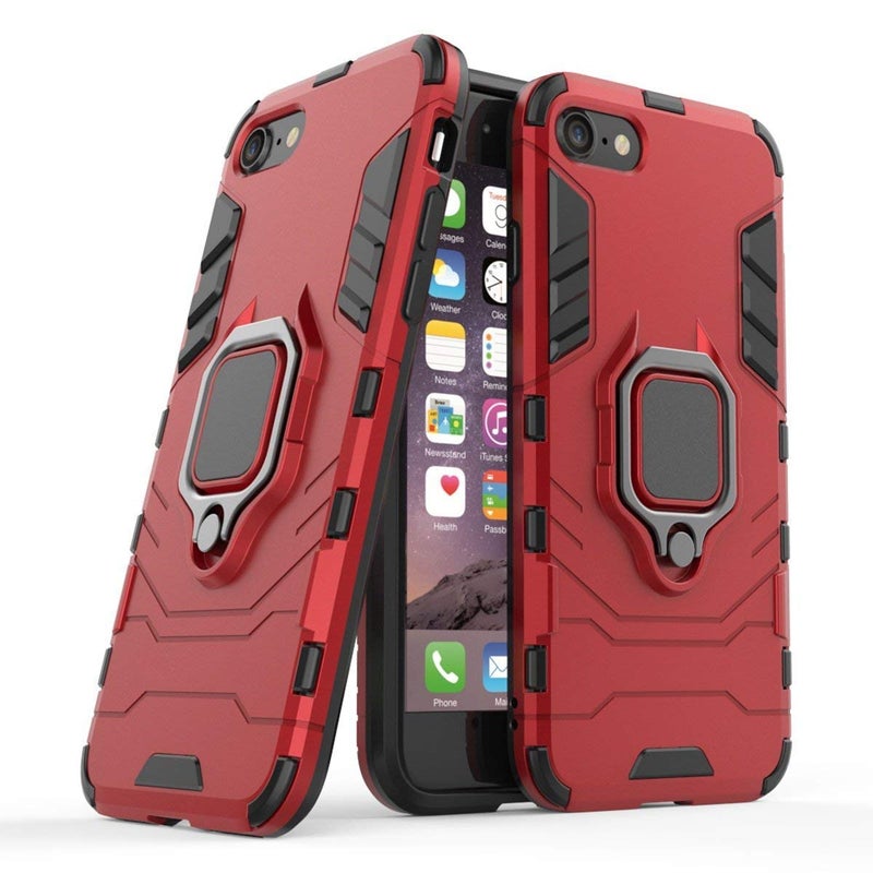 MaiJin Compatible with iPhone7 8 Case Metal Ring Grip Kickstand Shockproof Hard Bumper Shell Works with Magnetic Car Mount Dual Layer Rugged Cover for Apple iPhone 7 iPhone 8 Red