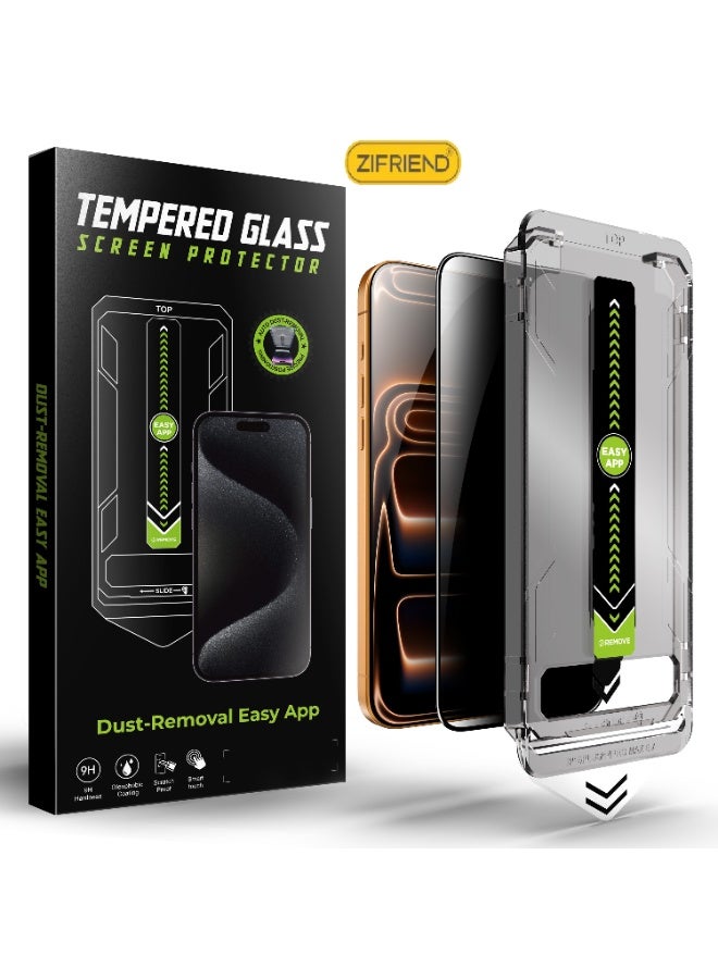 Zifriend Screen Protector iPhone 17 Pro Privacy Easy Installation, 9H Hardness, A++ Quality. Protect your screen from side views with premium privacy glass — clear from the front, hidden from the sides. Perfect for public use to keep personal data safe. Includes smart alignment frame for quick, precise, bubble-free installation. Made of durable 9H Asahi Japanese glass, anti-scratch, anti-dust, anti-fingerprint, and fully touch-sensitive with a sleek black edge. - Image 1