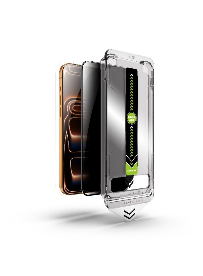 Zifriend Screen Protector iPhone 17 Pro Privacy Easy Installation, 9H Hardness, A++ Quality. Protect your screen from side views with premium privacy glass — clear from the front, hidden from the sides. Perfect for public use to keep personal data safe. Includes smart alignment frame for quick, precise, bubble-free installation. Made of durable 9H Asahi Japanese glass, anti-scratch, anti-dust, anti-fingerprint, and fully touch-sensitive with a sleek black edge. - Image 3