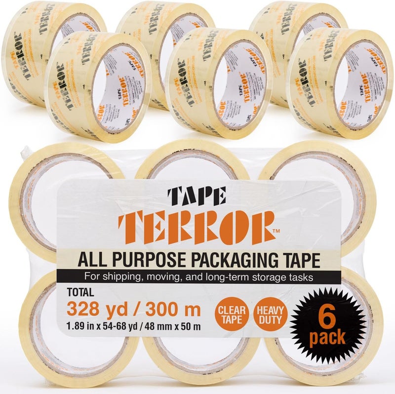 Tape Terror All-Purpose Clear Packing Tape (6 Rolls) - Heavy Duty Tape for Packing, Moving Boxes, Storage, Labeling, Crafts, and More - Shipping, Packaging, School, & Office Supplies (48mm x 50m per Roll) - Image 1