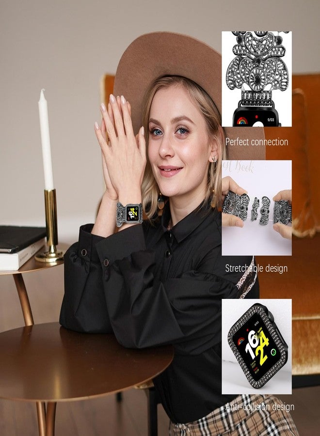 VIQIV Compatible with Apple Watch Bands for Women 38/40/41/42/44/45/46/49mm with Bling Case, Dressy Hollow-Out Carvings Metal Wristband Smart Watch Bands for iWatch Ultra 2 Series SE/10/9/8/7/6/5/4/3 - Image 3