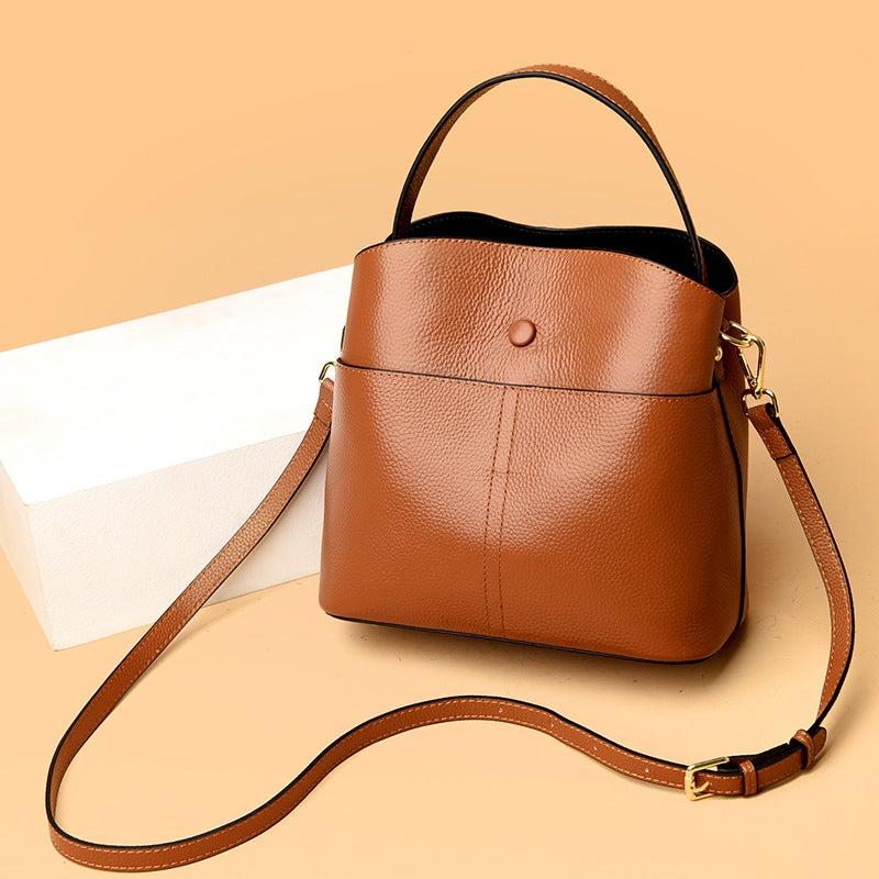 First Layer Cowhide Women'S Bag Bucket Bag New Korean Style Soft Leather Women'S Handbag Fashion All-Match Shoulder Bag Messenger Bag - Image 3