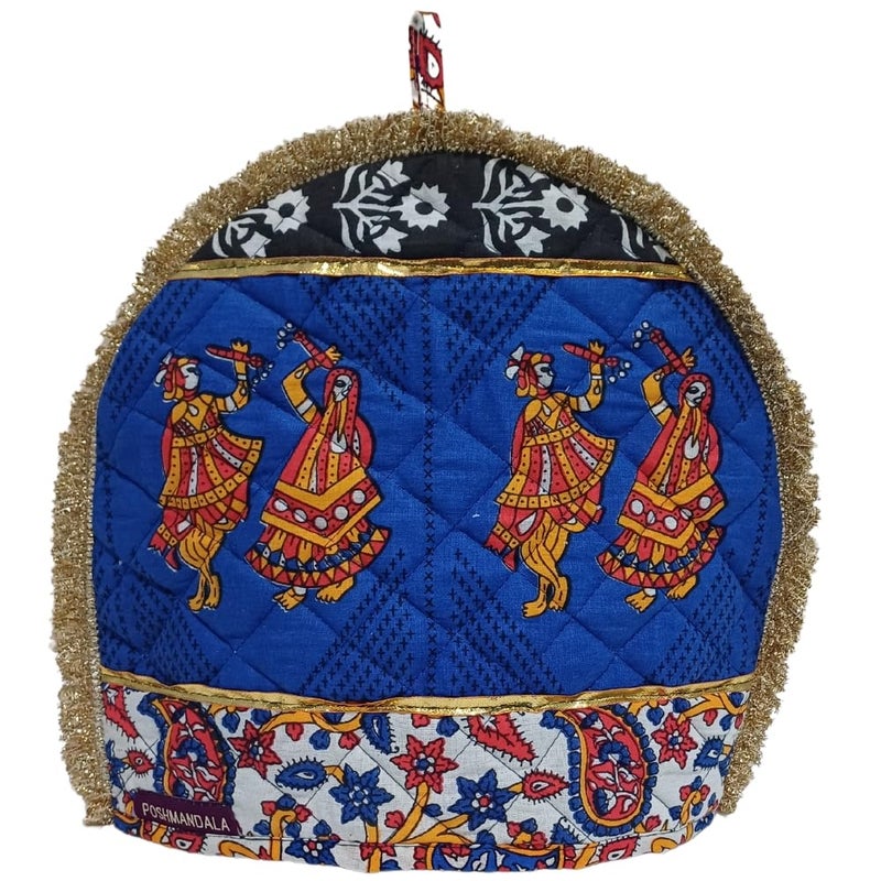 POSHMANDALA Poshmandala Rajasthani Handmade Tea Cozy 100 Cotton Hand Block Print Tea Kettle Warmer Winter Pot Cover for Hot Coffee Kitchen Dcor Size 14x11 Inches Gujari Blue  - Image 1