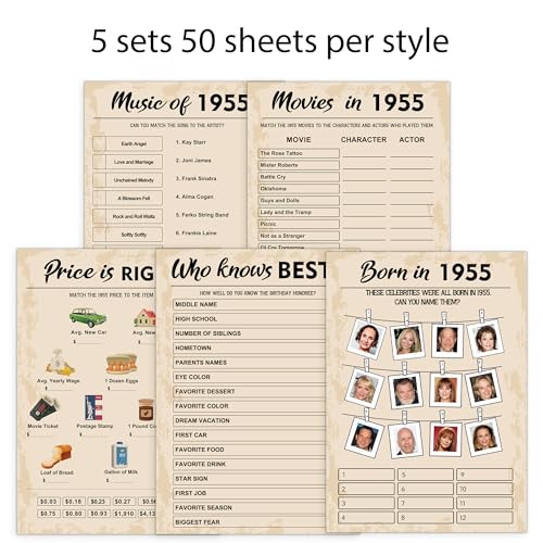 QUPT 70th Birthday Party Games, Set of 5 Activities for 10 Guests, Born in 1955 Games Bundle, Birthday Party Supplies for Adults, Pack of 50 Cards - Image 4