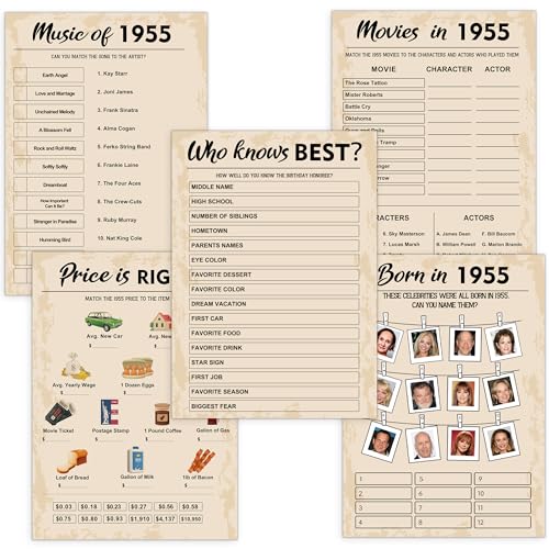 QUPT 70th Birthday Party Games, Set of 5 Activities for 10 Guests, Born in 1955 Games Bundle, Birthday Party Supplies for Adults, Pack of 50 Cards - Image 1