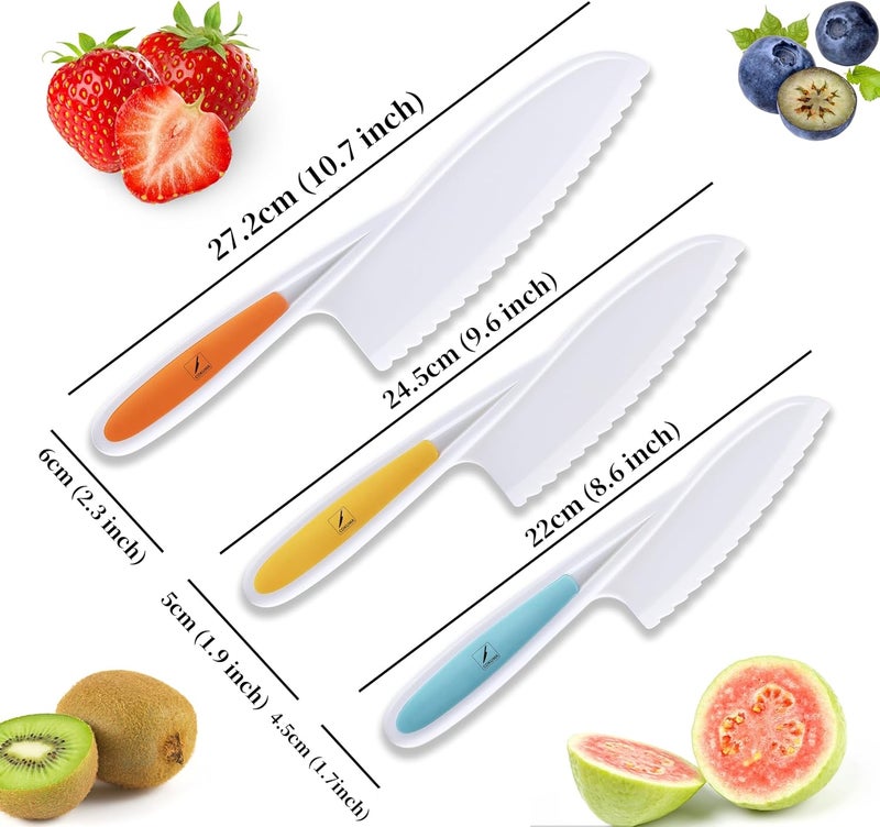 COKUMA Toddler Knife Set, 3 Different Sizes Plastic Kids Knife Set for Real Cooking, Round Tips with Serrated Edges, Perfectly Safe Food Cutting for Kids and Cooking (Orange, Blue, Green) - Image 4