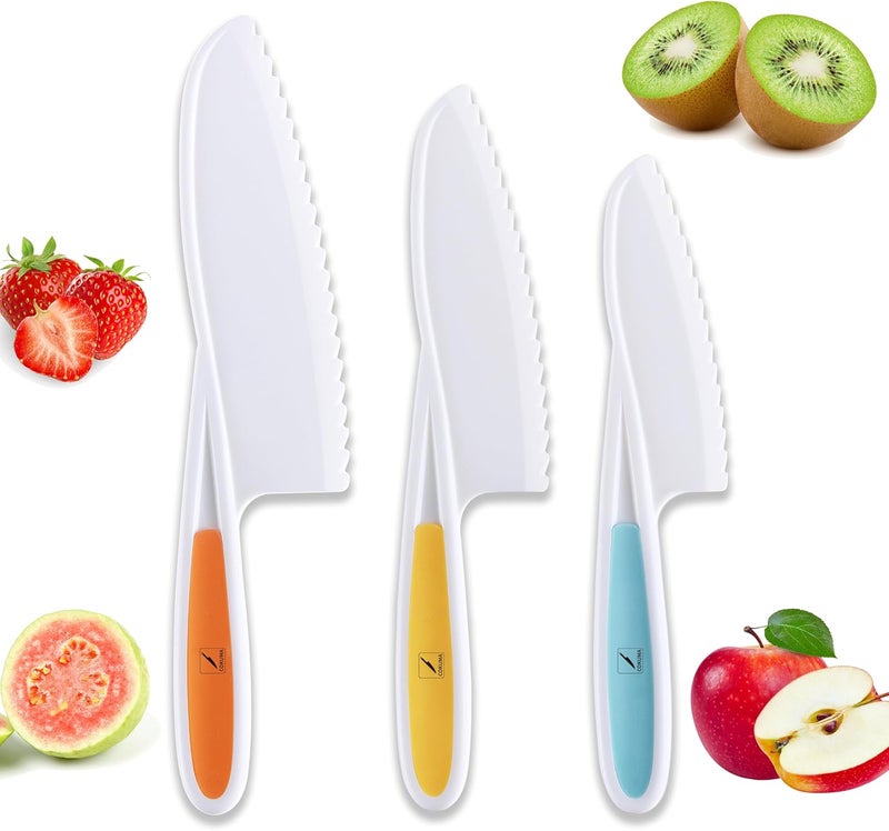 COKUMA Toddler Knife Set, 3 Different Sizes Plastic Kids Knife Set for Real Cooking, Round Tips with Serrated Edges, Perfectly Safe Food Cutting for Kids and Cooking (Orange, Blue, Green) - Image 1