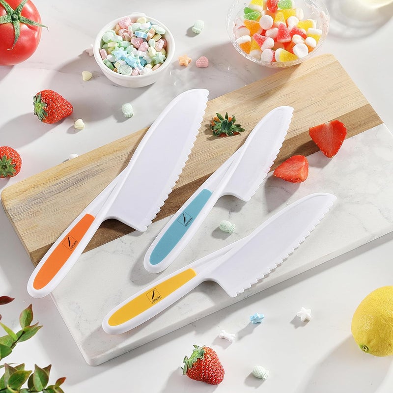 COKUMA Toddler Knife Set, 3 Different Sizes Plastic Kids Knife Set for Real Cooking, Round Tips with Serrated Edges, Perfectly Safe Food Cutting for Kids and Cooking (Orange, Blue, Green) - Image 2