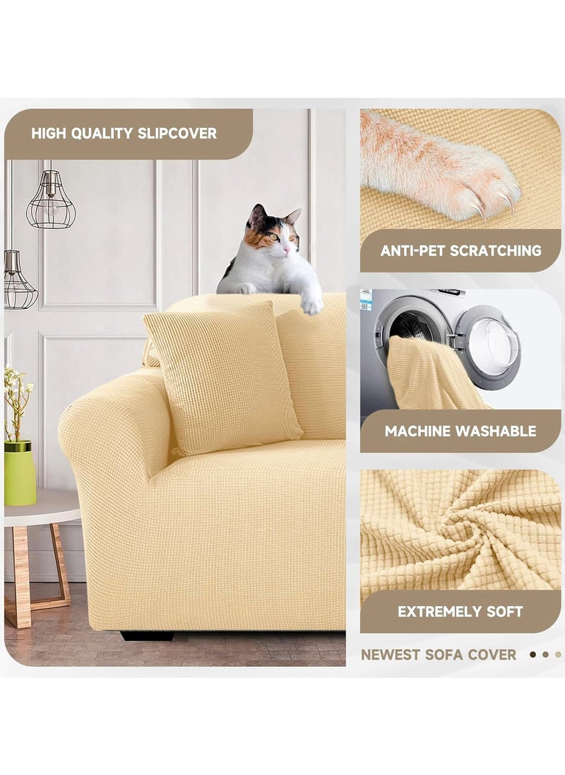 Fabienne Stretch Fit 3-Seater Sofa Cover Soft Brushed Fabric Couch Cover Exquisitely Full Coverage Furniture Protector Slipcover Three Seater Fits on Standard and Recliner Sofa 185-235cm Size Cream  - Image 4