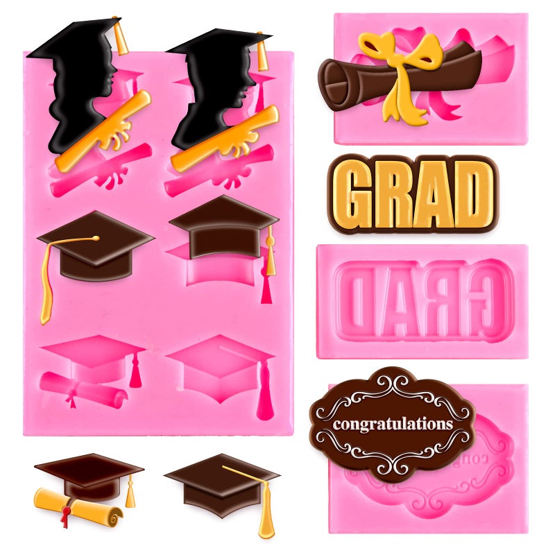 Whaline 4 Pack 2025 Graduation Fondant Molds Silicone Cap Diploma mould Congrats Grad Congratulations Candy Chocolate Mould for Party Soap Jelly Cake Cupcake Topper Decoration