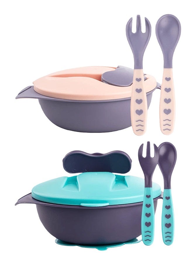 Lesha - 2 Pack Suction Bowls with Lids & Utensils - Baby & Toddler - 100% Food-Grade Silicone Divided Bowls - BPA Free - Dishwasher Safe - Set of 2 (Blue, Pink) - Image 1