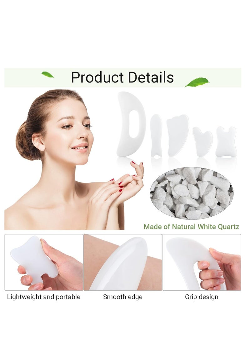 عام مجموعة أدوات تدليك الوجه غوا شا مكونة من 5 قطع وأداة تدليك غوا شا للجسم مع مقبض، مجموعة مدلك غواشا للوجه والرقبة والساقين والجسم ولوح تدليك غواشا (أبيض، اليشم، الراتنج) - Image 3