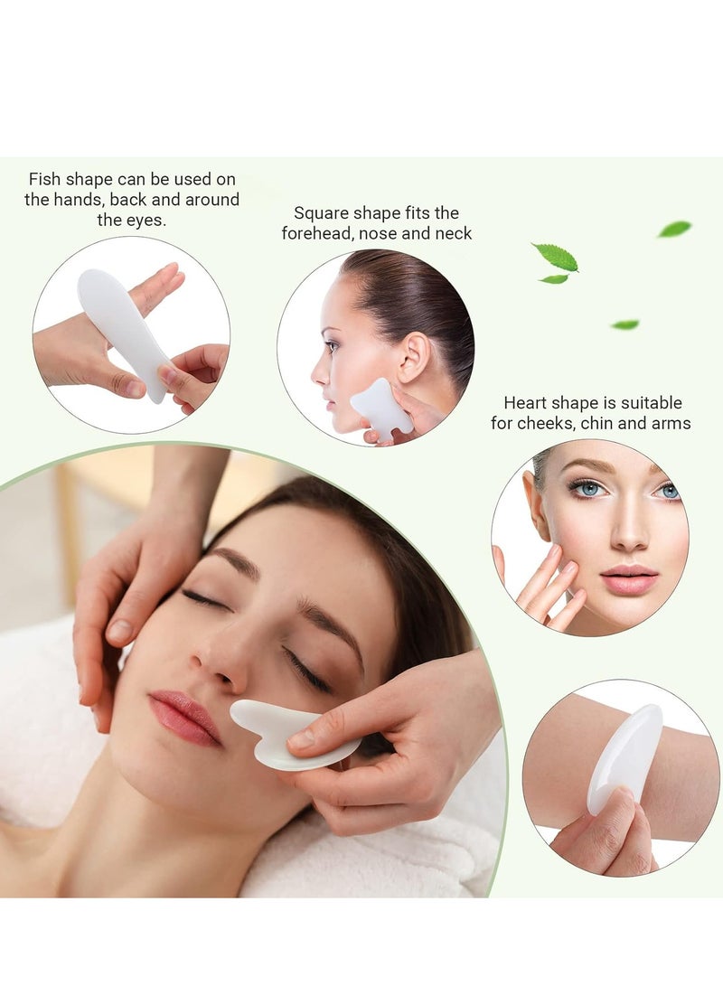 عام مجموعة أدوات تدليك الوجه غوا شا مكونة من 5 قطع وأداة تدليك غوا شا للجسم مع مقبض، مجموعة مدلك غواشا للوجه والرقبة والساقين والجسم ولوح تدليك غواشا (أبيض، اليشم، الراتنج) - Image 4