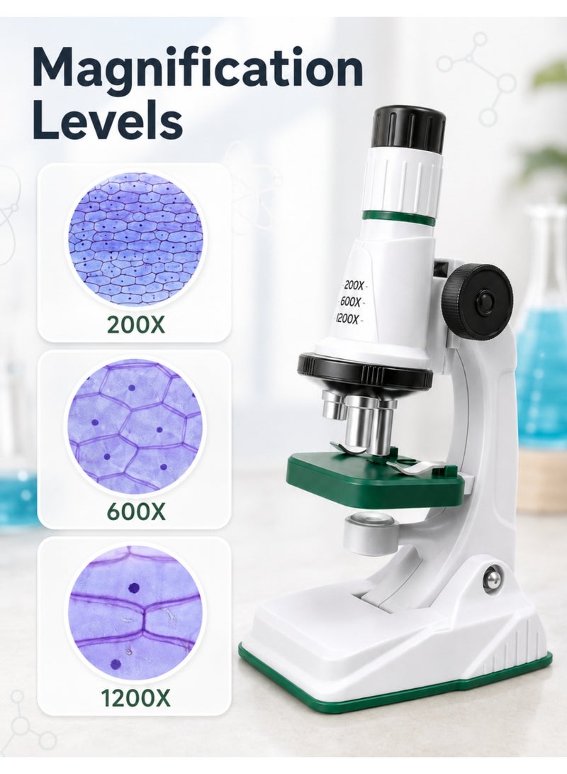 مجهر أطفال تعليمي بتكبير 200X و600X و1200X، مجموعة علوم STEM مع شرائح وأدوات وعبوات عينات، زاوية قابلة للتعديل لتجارب الأطفال عمر 6+ والتعليم المنزلي والمدرسي في السعودية - Image 3