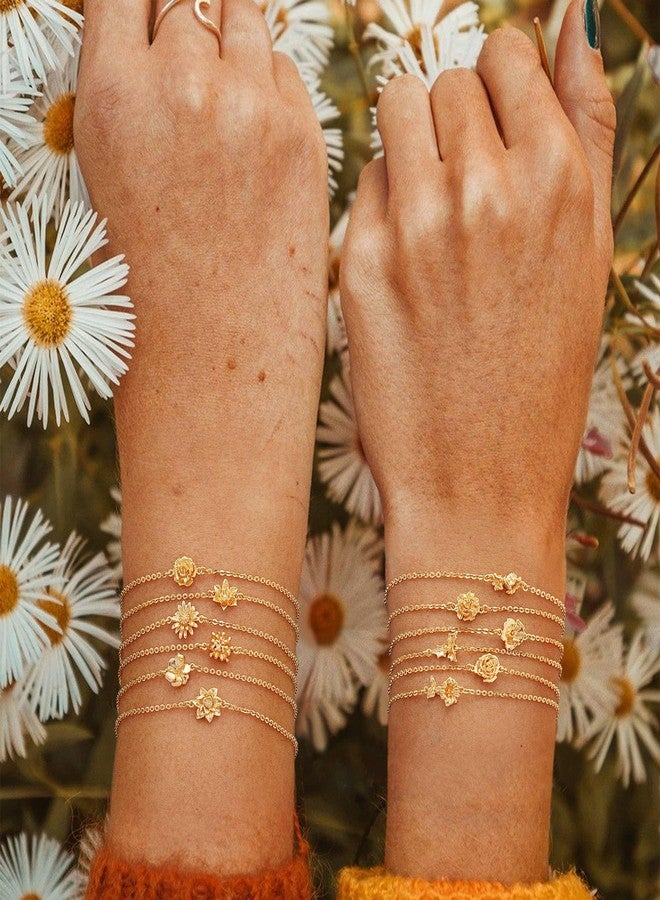 MYEARS Birth Flower Bracelets for Women Gold Sideways Charm 12 Months 14K Simple Dainty Chain Floral Jewelry Gift, One Size, Brass Metal Yellow Gold, no gemstone - Image 2