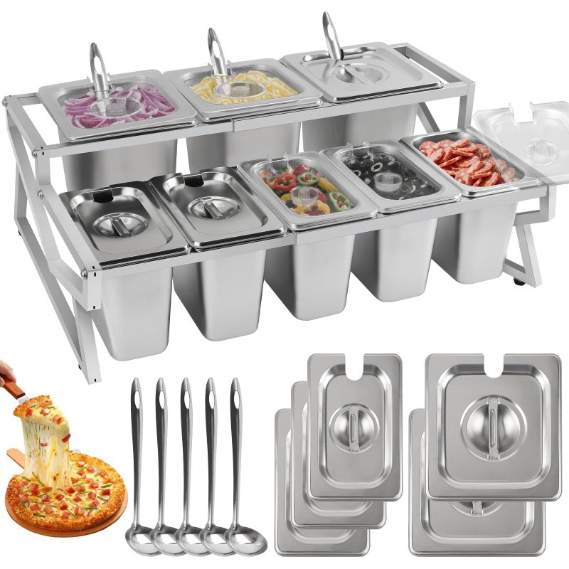 Lanstics 10 Pans Pizza Topping Station 2 Row Adjustable Pizza Storage Container Topping containers with Lids Condiment Organizers Buffet Containers Set for Restaurant Pizza Sauce Jam Fruit Ingredient - Image 1