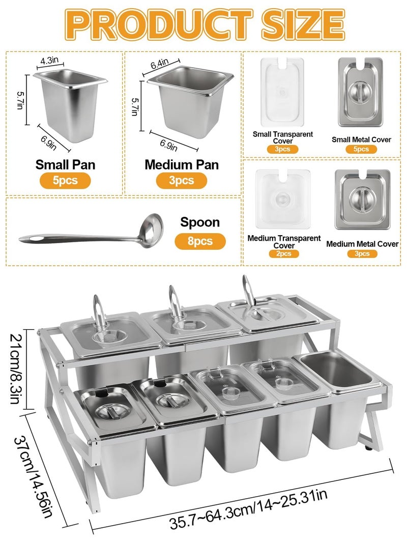 Lanstics 10 Pans Pizza Topping Station 2 Row Adjustable Pizza Storage Container Topping containers with Lids Condiment Organizers Buffet Containers Set for Restaurant Pizza Sauce Jam Fruit Ingredient - Image 2