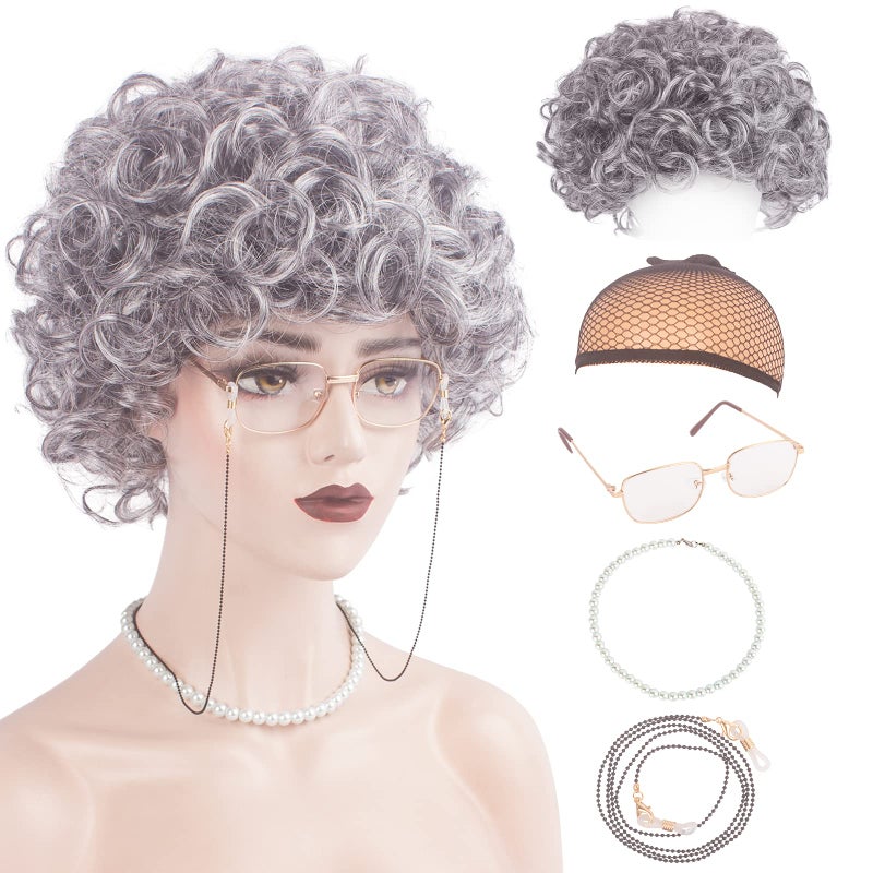 WeKen Old Lady Wig Set Old Lady Costume for Women Girls Grandma Costume Silver Grey WigGranny GlassesEyeglass Retainer ChainPearl NecklaceWig Cap 5 Piece for Halloween Cosplay Dress Up Party