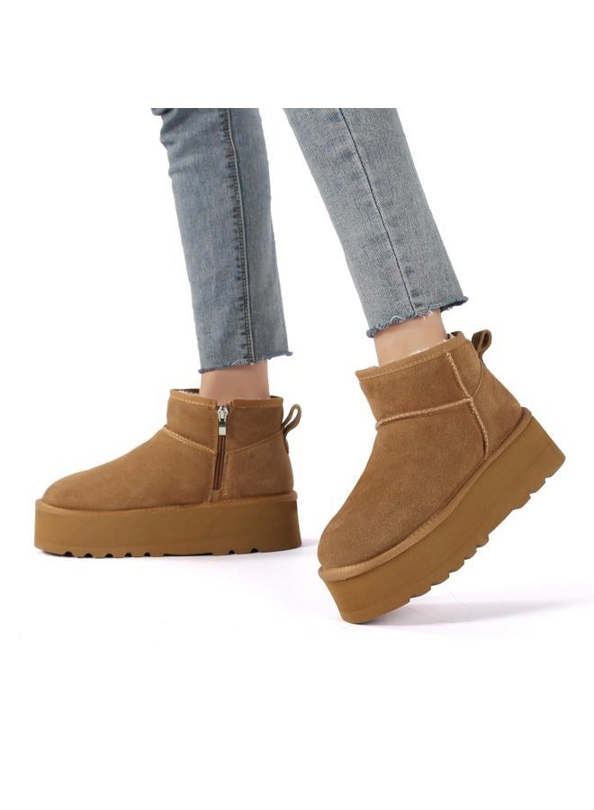 Haifago Women Platform Mini Snow Boots, Brown Suede Fur Lined Zip up Ankle Winter Booties, Womens Classic Short Boot, Botas Plataforma Para Mujer, Chestnut, 9 - Image 5
