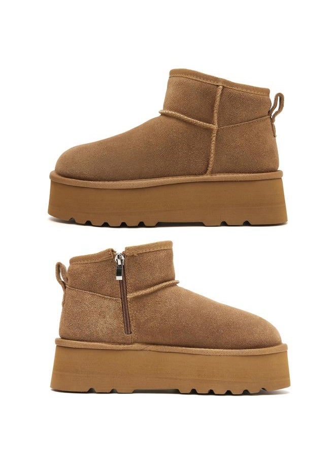 Haifago Women Platform Mini Snow Boots, Brown Suede Fur Lined Zip up Ankle Winter Booties, Womens Classic Short Boot, Botas Plataforma Para Mujer, Chestnut, 9 - Image 1